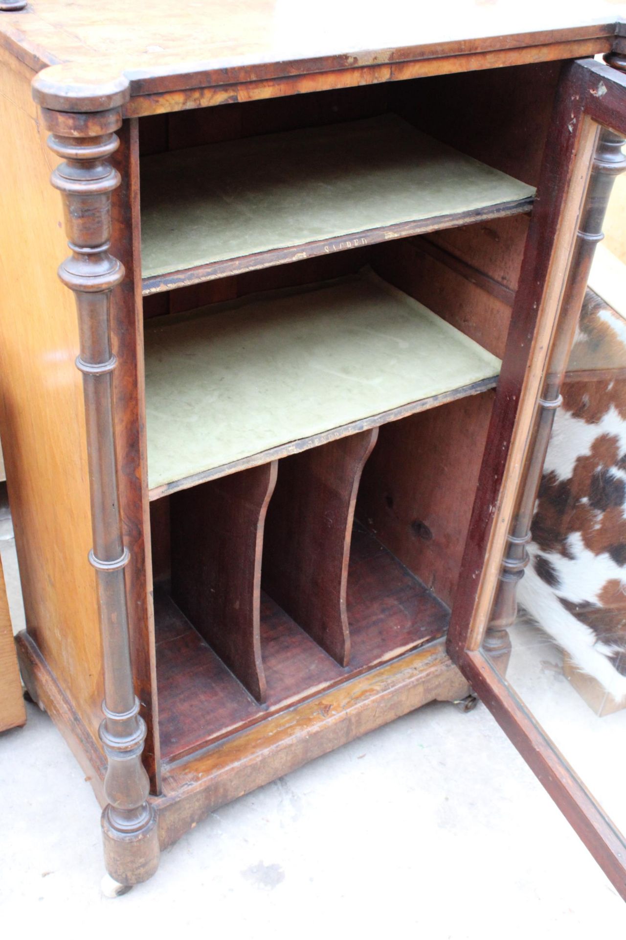 A VICTORIAN WALNUT MUSIC CABINET WITH GLASS DOOR, TURNED UPRIGHTS AND GALLERY BACK 23" WIDE - Image 3 of 4