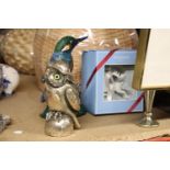 A BOXED WEDGWOOD DEER CHRISTMAS DECORATION, CAST KINGFISHER DOORSTOP, SILVER PLATED VASE AND A WHITE