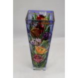 A LARGE HANDPAINTED GLASS VASE, HEIGHT 34CM