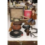 A QUANTITY OF ITEMS TO INCLUDE FOUR VINTAGE TAPE MEASURES, WOODEN RULERS, VINTAGE COINS, BRADSHAW'