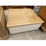 A MODERN TRIVONA DESIGN COFFEE TABLE WITH OAK TOP AND FABRIC SIDES, 33.5" SQUARE