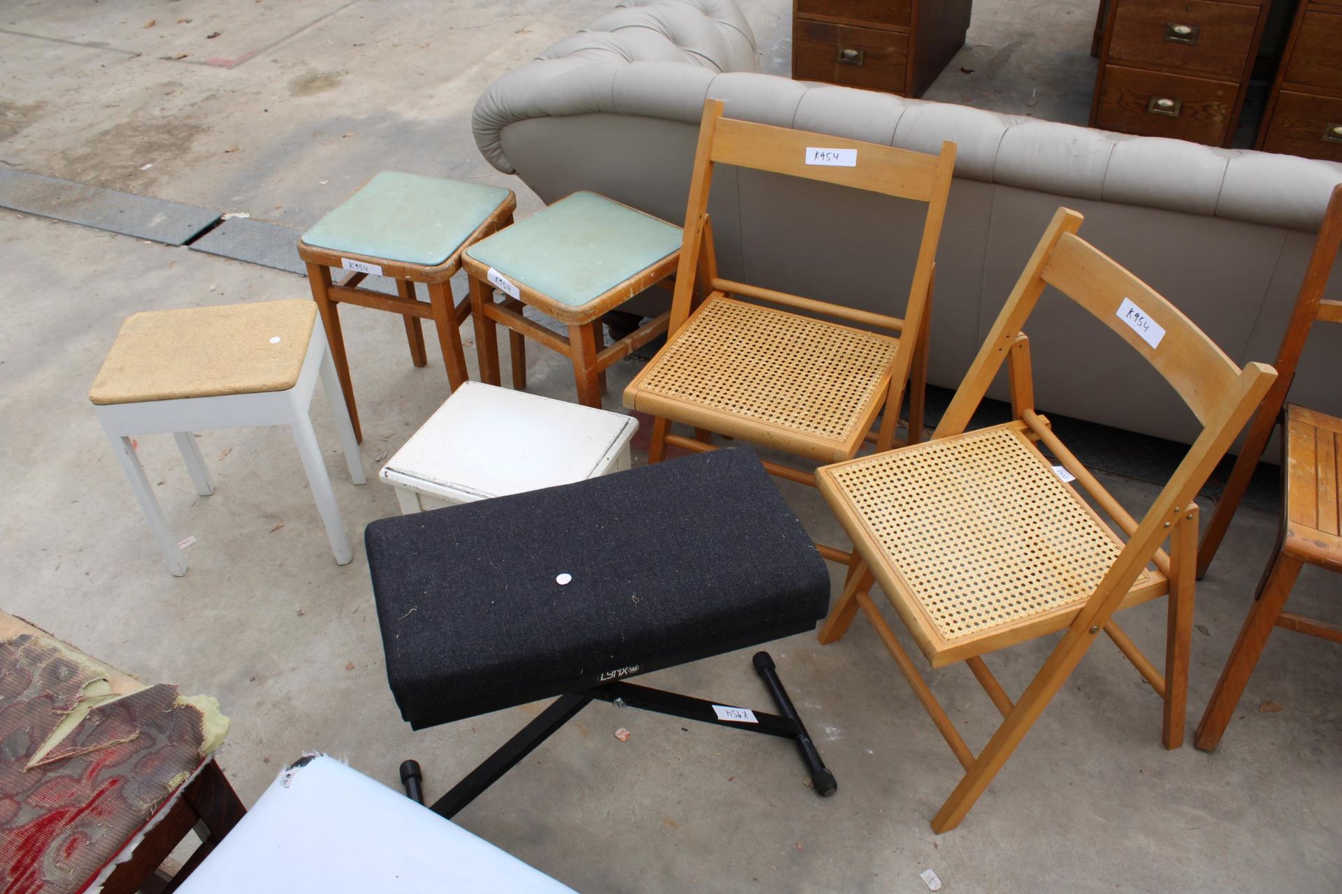 TWO FOLDING CHAIRS, TWO 1950'S KITCHEN STOOLS, LYNX STOOL AND TWO OTHERS