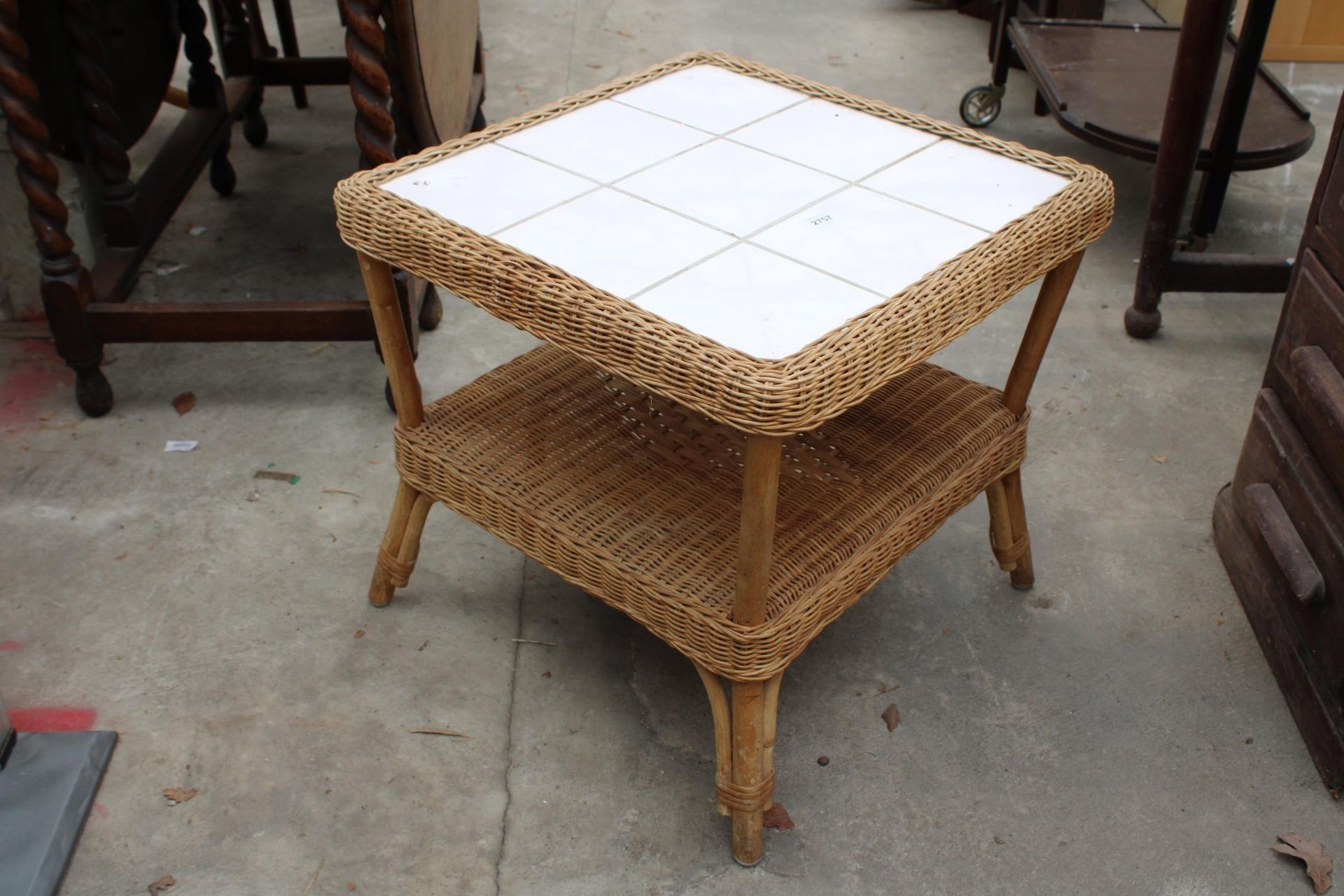 A TWO TIER WICKER LAMP TABLE WITH TILED TOP AND A GLASS FRONTED TWO DOOR BOOKCASE - Image 4 of 6