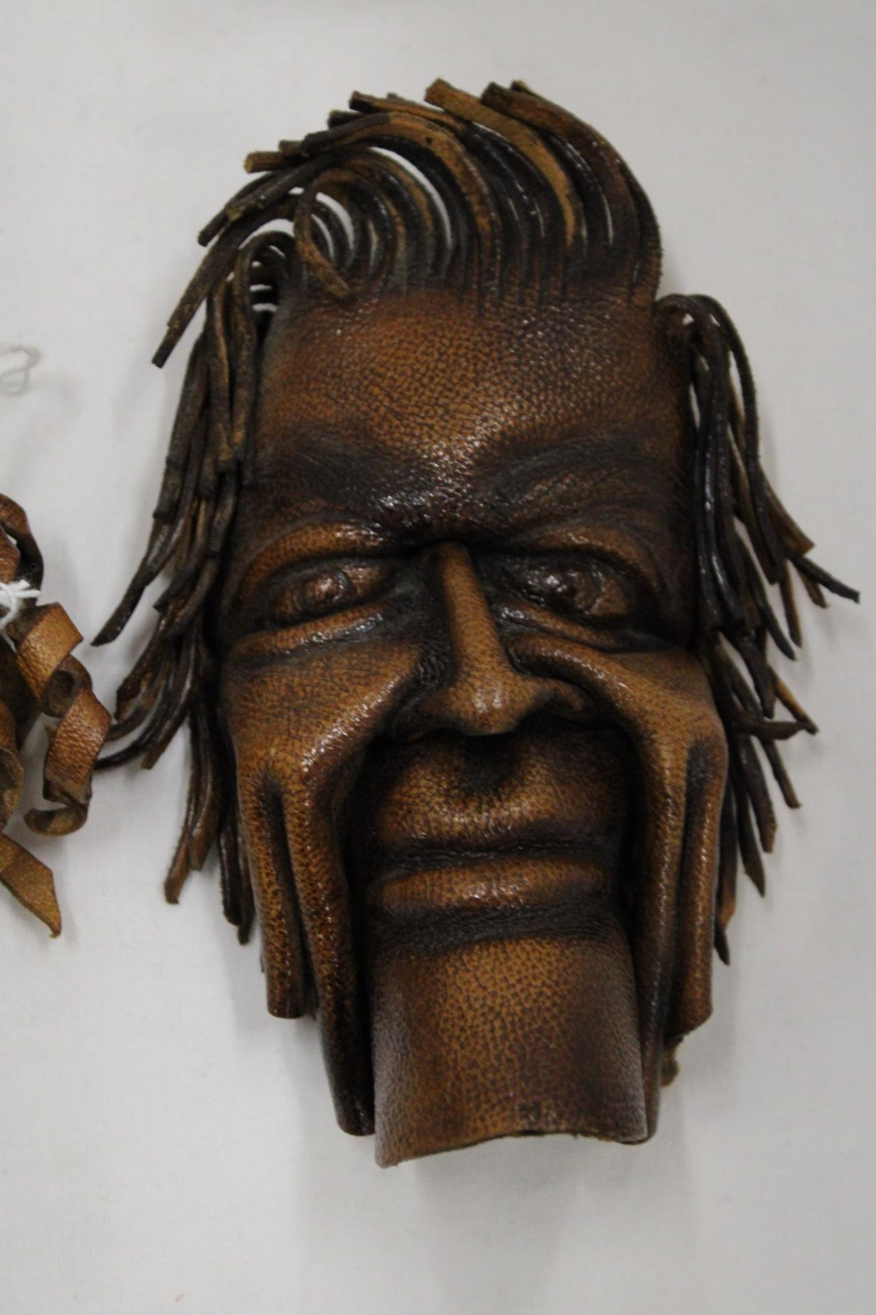 TWO VINTAGE SHAMAN ART STYLE LEATHER WALL MASKS - Image 3 of 5