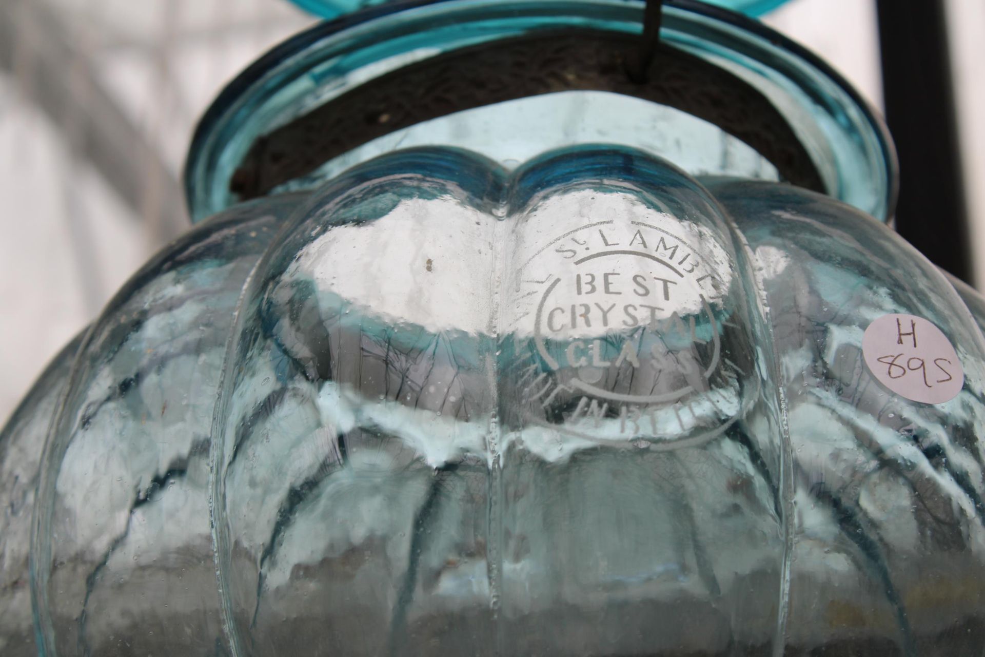 A BLUE GLASS HANGING CANDLE LANTERN MARKED 'VAL SYLAMBLRI BEST CRYSTAL GLASS MADE IN BELGIUM' - Image 2 of 2