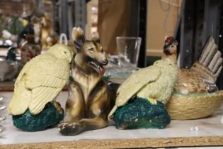 A LARGE CHALWARE ALSATION DOG AND A PAIR OF OWLS PLUS A LARGE VINTAGE HEN CROCK