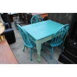 A VICTORIAN PAINTED KITCHEN TABLE ON TURNED LEGS WITH TWO DRAWERS, 41" X 31" WITH THREE PAINTED