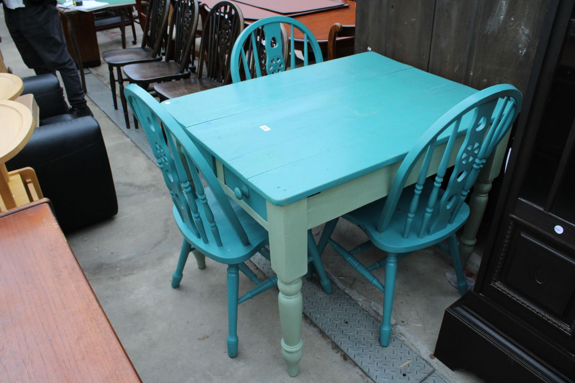 A VICTORIAN PAINTED KITCHEN TABLE ON TURNED LEGS WITH TWO DRAWERS, 41" X 31" WITH THREE PAINTED