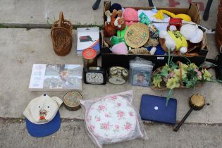 AN ASSORTMENT OF ITEMS TO INCLUDE TEDDIES, CLOCKS AND JIGSAWS ETC