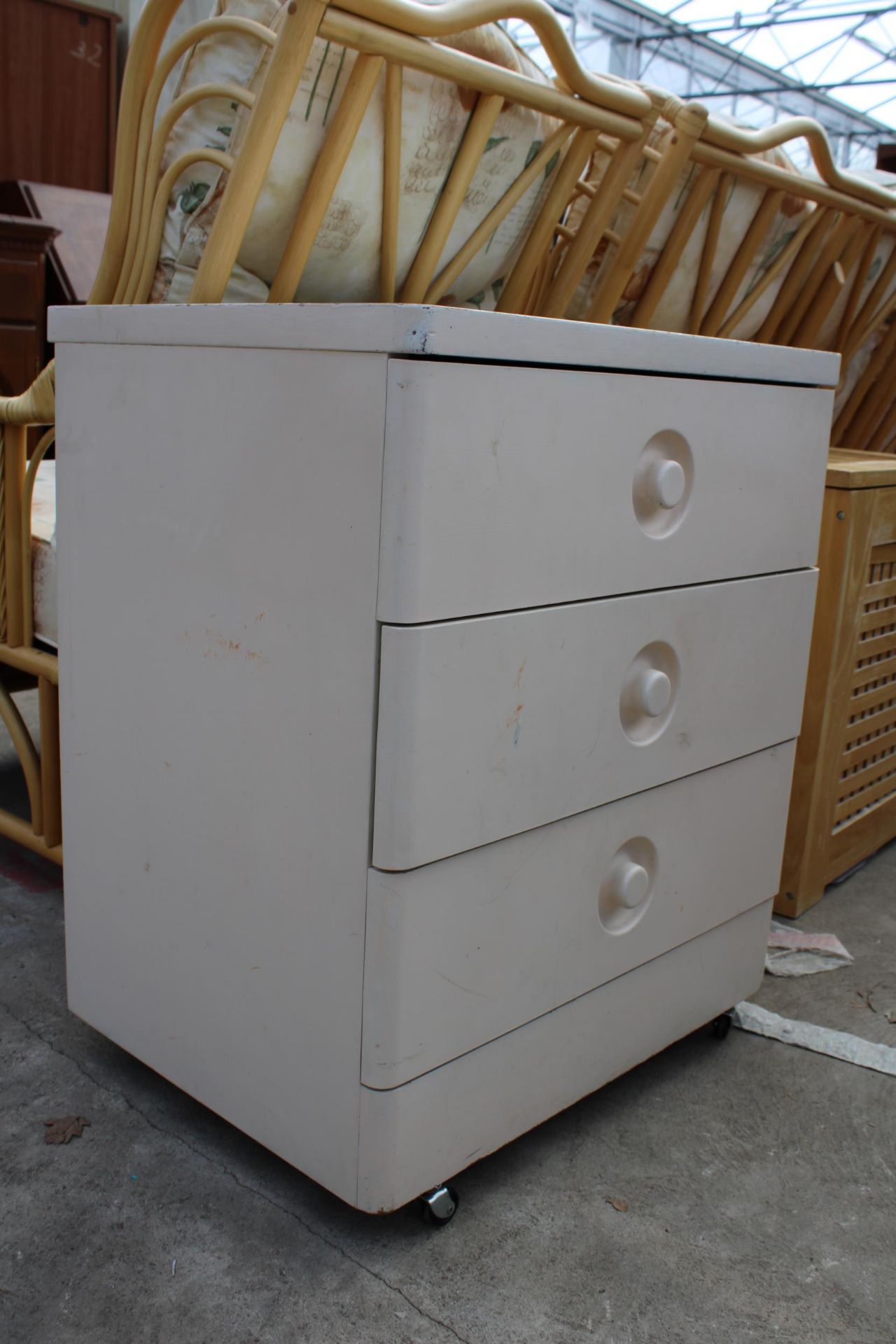 A WHITE PAINTED STAG CHEST OF THREE DRAWERS, 22" WIDE - Image 2 of 3