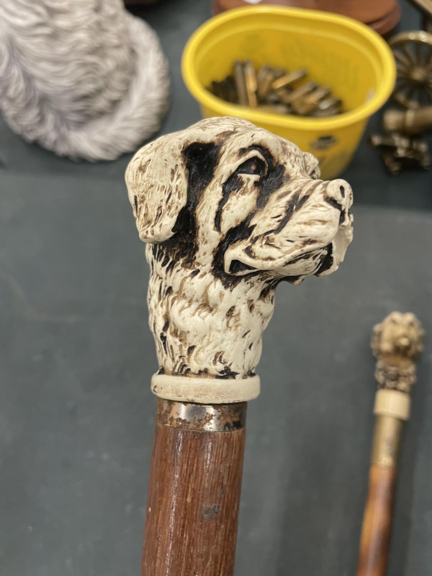 TWO CARVED DOG HEAD WALKING STICKS AND A WHITE METAL DOG HEAD SHOE HORN - Bild 5 aus 5