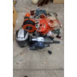 AN ASSORTMENT OF ITEMS TO INCLUDE EXTENSION LEADS, A MOTORBIKE HELMET AND AN ELECTRIC SANDER ETC