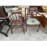 A VICTORIAN STYLE BEECH FRAMED CAPTAINS CHAIR AND SHERATON STYLE CARVED CHAIRS WITH WOOLWORK SEAT