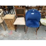 A DUNELM UPHOLSTERED DINING CHAIR, EDWARDIAN BEDROOM CHAIR AND A PINE POT CUPBOARD