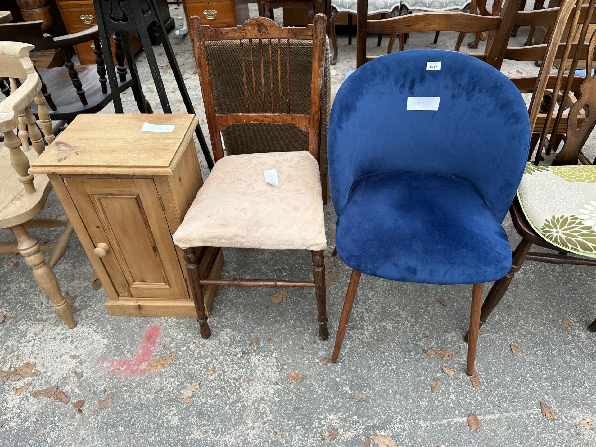 A DUNELM UPHOLSTERED DINING CHAIR, EDWARDIAN BEDROOM CHAIR AND A PINE POT CUPBOARD