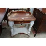 A MODERN PINE MINIATURE WASHSTAND WITH RAISED BACK ON TURNED LEGS 24" WIDE