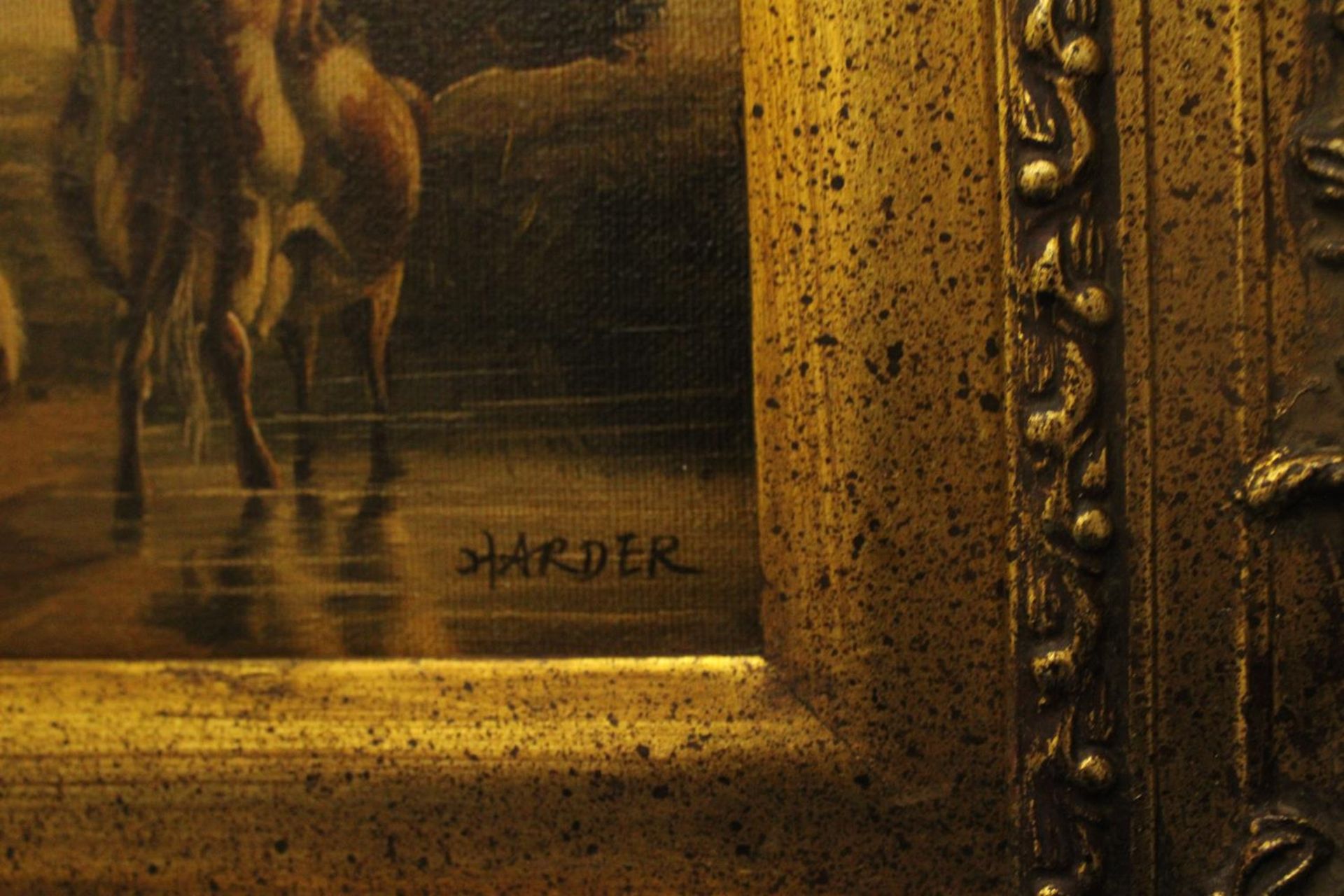 A GILT FRAMED OIL ON CANVAS SIGNED HARDER OF THREE COWS AND A BULL RESTING 19" X 25" - Image 5 of 6