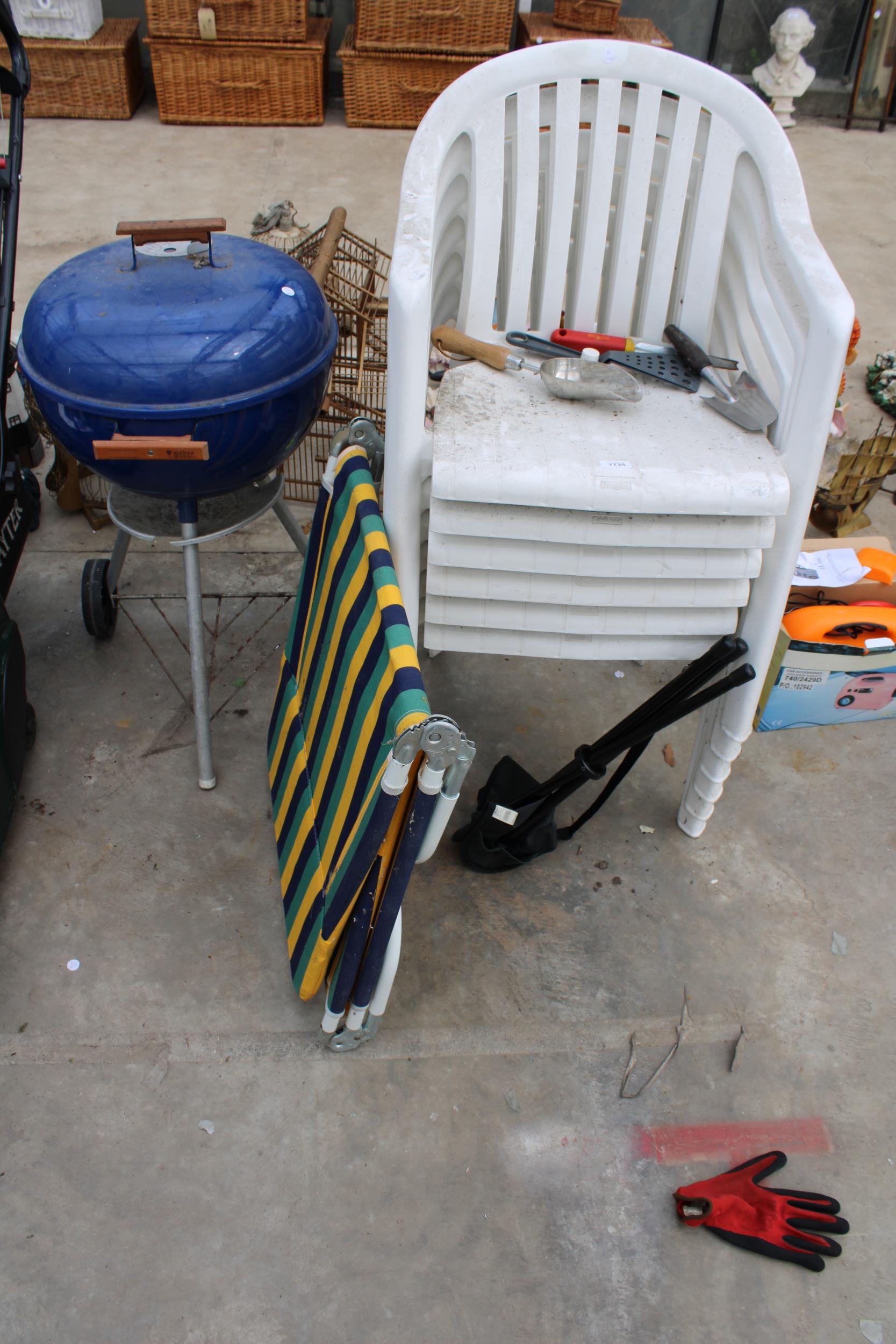 SIX PLASTIC STACKING CHAIRS, A FOLDING CHAIR AND A BBQ