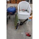 SIX PLASTIC STACKING CHAIRS, A FOLDING CHAIR AND A BBQ