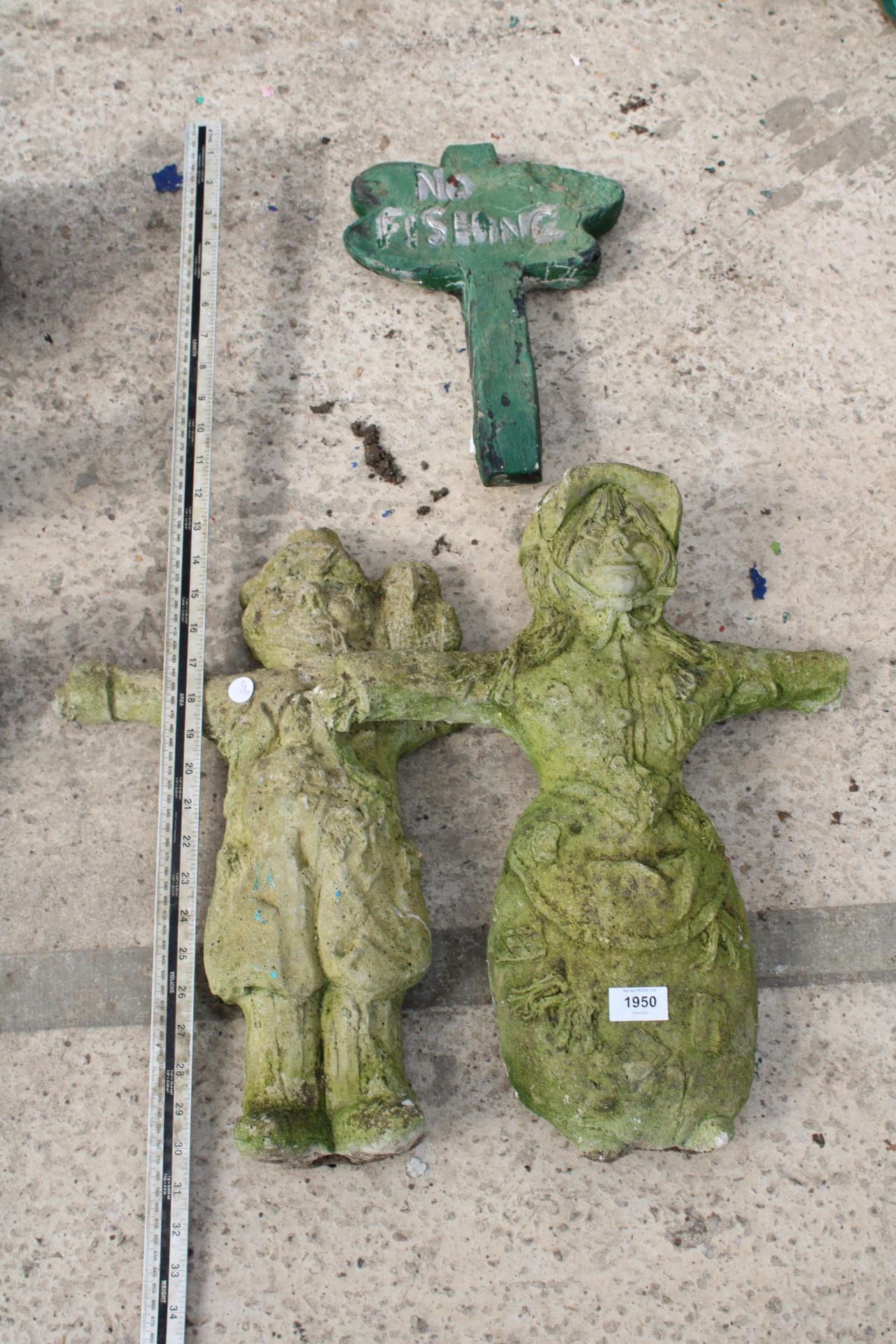 THREE CONCRETE GARDEN FIGURES TO INCLUDE TWO SCARE CROWS AND A GONE FISHING SIGN