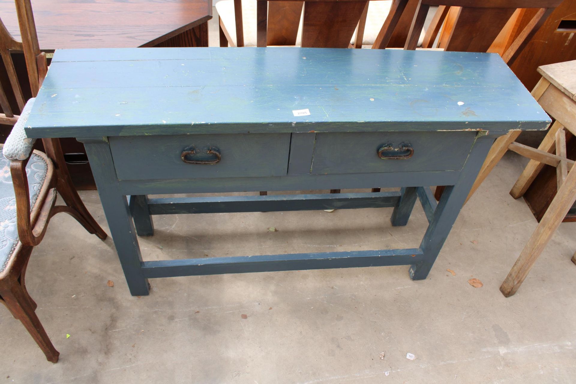 A MODERN PAINTED TWO DRAWER SIDE TABLE, 49" WIDE