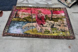 A RELIGIOUS PATTERNED FRINGED RUG