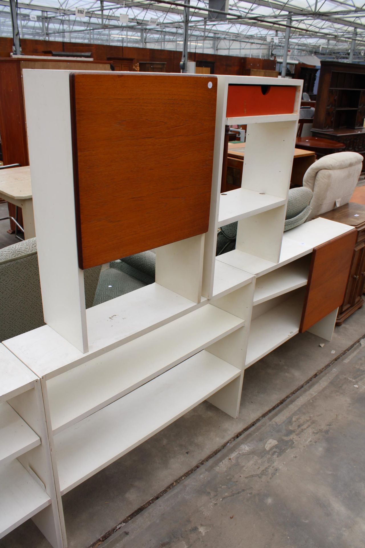 FIVE VARIOUS WHITE STORAGE SHELVES, TWO WITH TEAK DOORS - Image 2 of 2