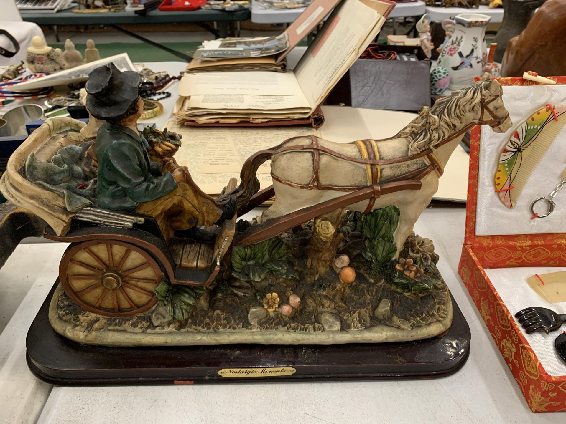 A LARGE MODEL OF A HORSE AND CART, 'NOSTALGIC MOMENTS', HEIGHT 24CM, LENGTH 37CM