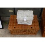 A WICKER PICNIC HAMPER AND A FURTHER SMALL WICKER BASKET