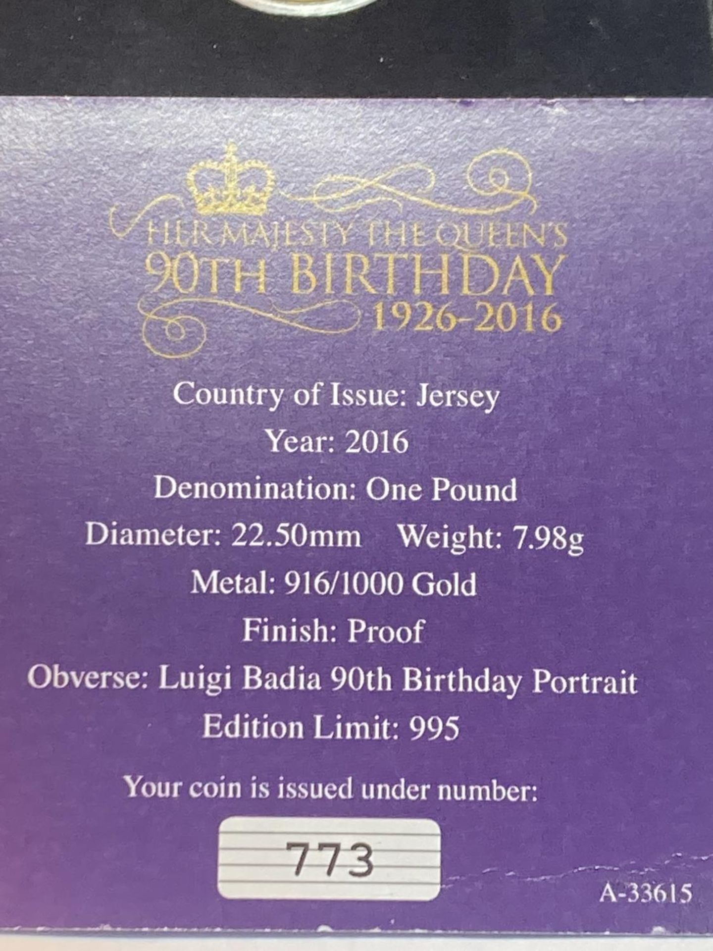 A 2016 QE2 90TH BIRTHDAY JERSEY £1 GOLD PROOF COIN LIMITED EDITION NUMBER 773 OF 995 GROSS WEIGHT - Bild 4 aus 4