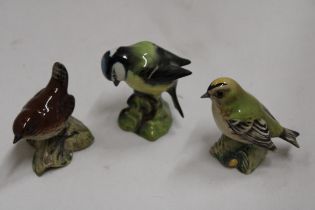 THREE BESWICK BIRDS TO INCLUDE A BLUE TIT, WREN AND GOLD CREST