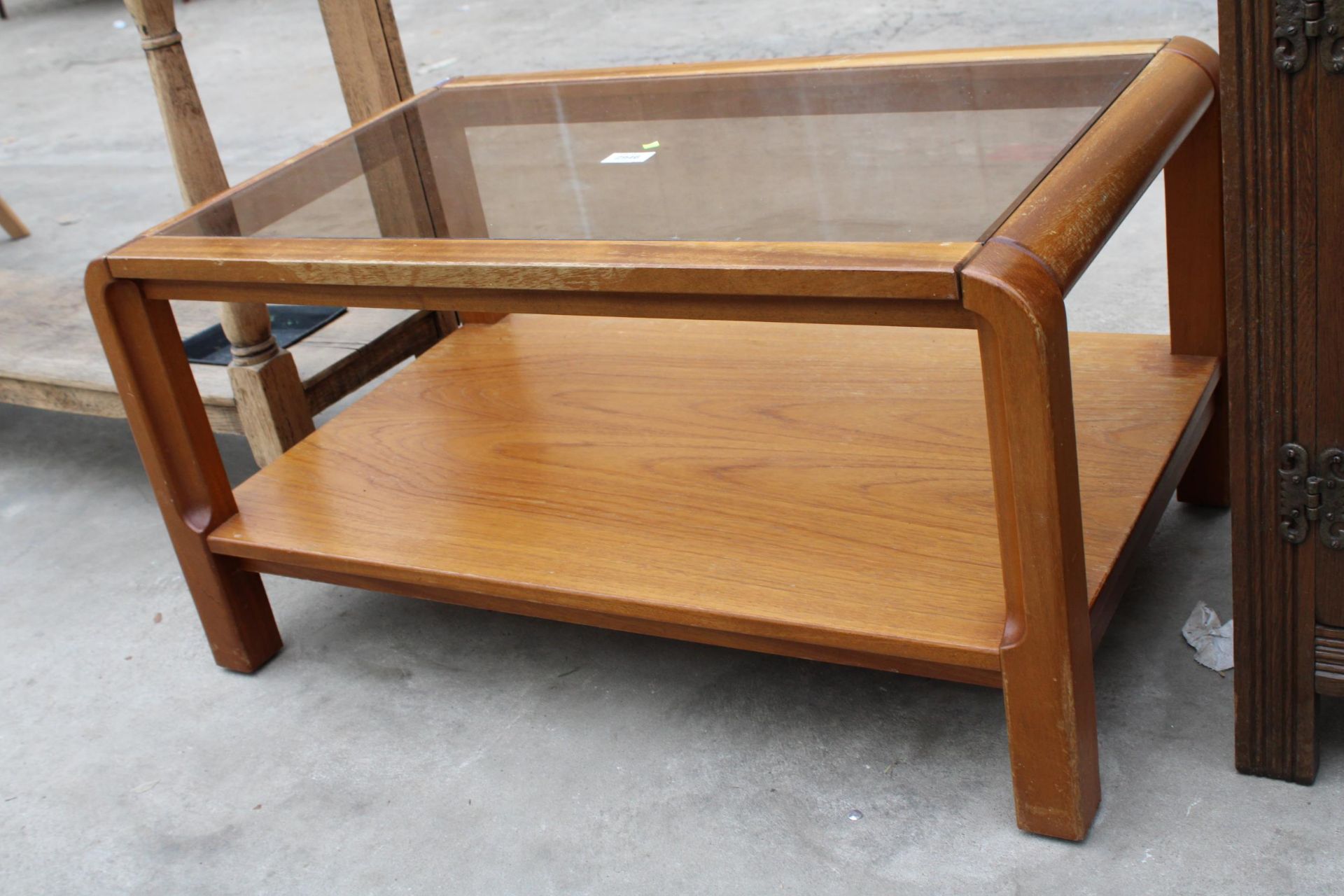 A RETRO TEAK REMPLOY TWO TIER COFFEE TABLE WITH GLASS TOP, 31" X 19" - Image 3 of 3