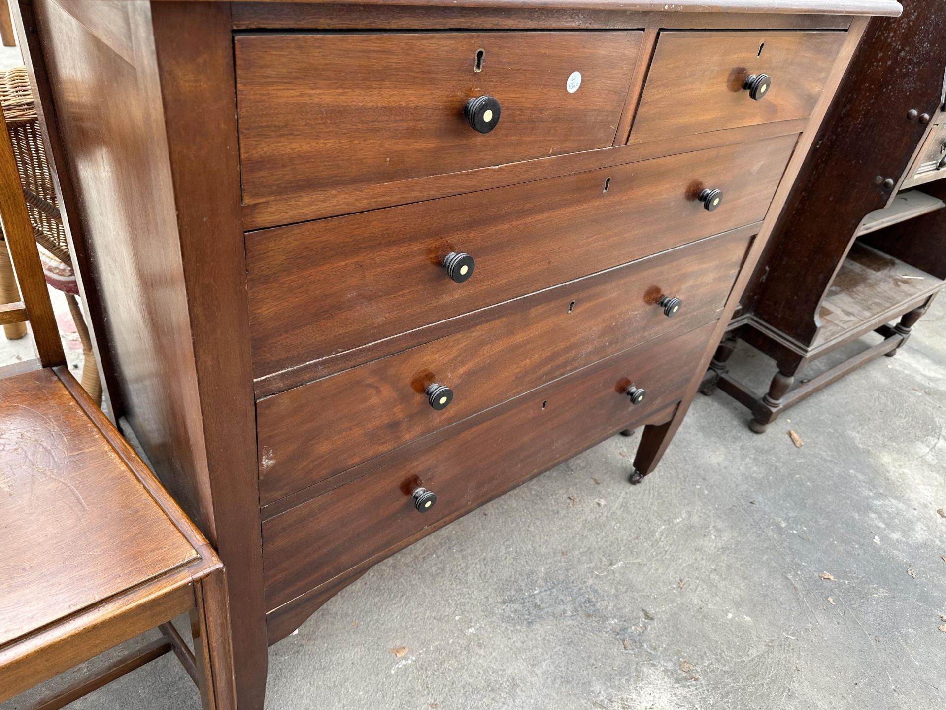 AN EARLY TWENTIETH CENTURY MAHOGANY CHEST OF TWO SHORT AND THREE LONG DRAWERS WITH EBONISED KNOBS, - Image 3 of 4