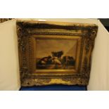 A GILT FRAMED OIL ON CANVAS SIGNED HARDER OF THREE COWS AND A BULL RESTING 19" X 25"