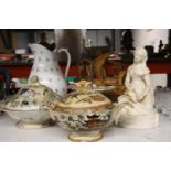 A QUANTITY OF VINTAGE ITEMS TO INCLUDE A MASON'S TUREEN AND COVER, A LARGE FIGURE OF A LADY AND
