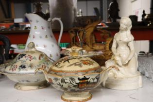 A QUANTITY OF VINTAGE ITEMS TO INCLUDE A MASON'S TUREEN AND COVER, A LARGE FIGURE OF A LADY AND