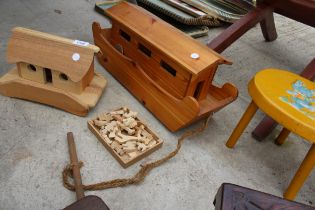 TWO WOODEN ARKS AND WOODEN ANIMALS