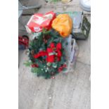 AN ASSORTMENT OF CHRISTMAS DECORATIONS TO INCLUDE BAUBLES AND A TREE ETC