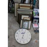 AN ASSORTMENT OF FRAMED PRINTS AND A CLOCK