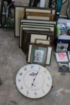 AN ASSORTMENT OF FRAMED PRINTS AND A CLOCK
