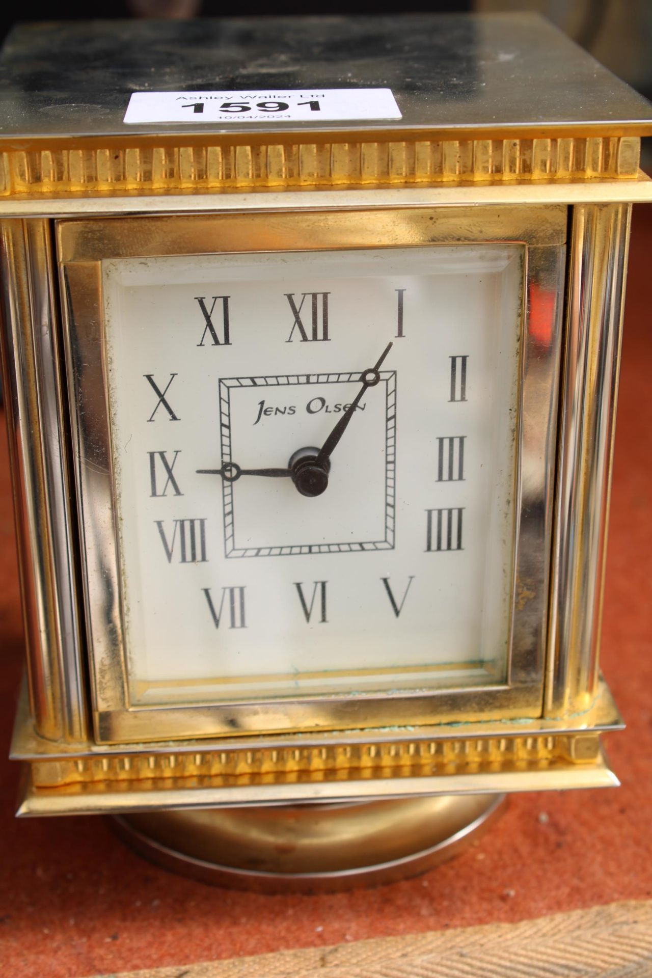 A BRASS JENS OLSEN REVOLVING DESK CLOCK WITH FOUR FACES, TWO BEING CLOCKS, ONE THERMOMETER AND ONE - Image 3 of 6