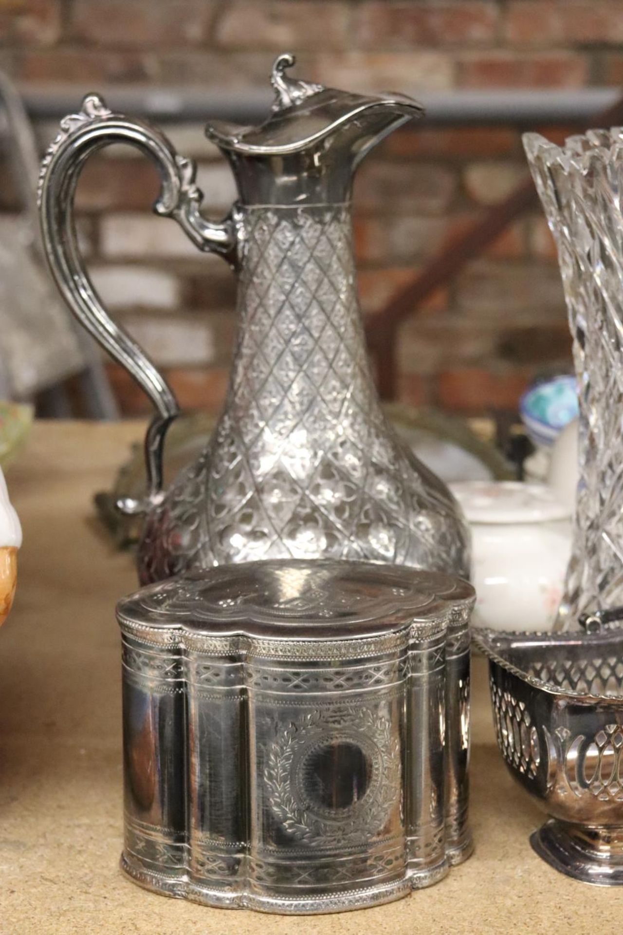 A SILVER PLATED LIDDED JUG, TEA CADDY AND BASKET BOWL, PLUS A LARGE CUT GLASS VASE AND THREE - Image 2 of 6