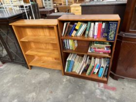 TWO SETS OF OPEN THREE TIER BOOKSHELVES, 33" X 30" WIDE AND A QUANTITY OF BOOKS