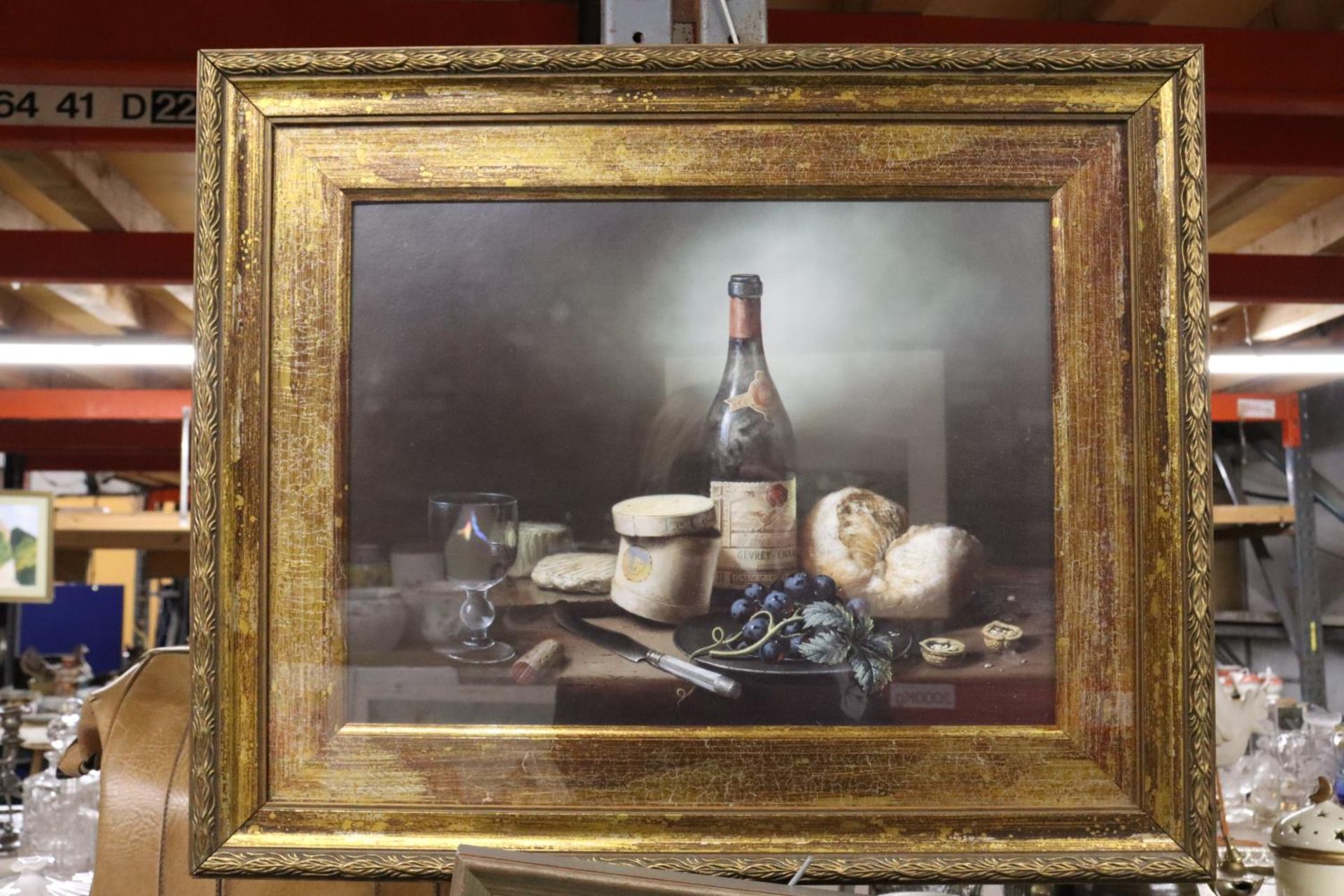 A FRAMED PRINT OF A STILL LIFE "WINE, CHEESE AND FRUIT" SCENE