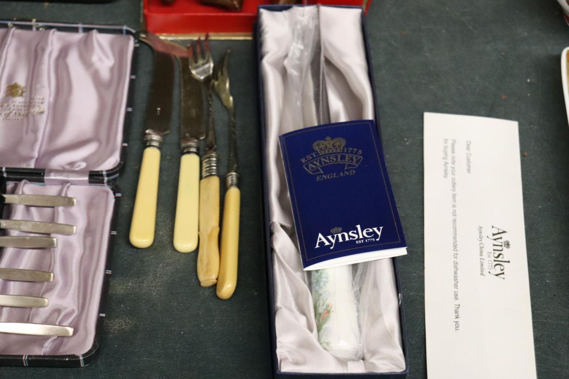 A QUANTITY OF BOXED FLATWARE TO INCLUDE ACARVING SET, AYNSLEY CAKE KNIFE, WOODEN NAPKIN RINGS, ETC - Image 4 of 6