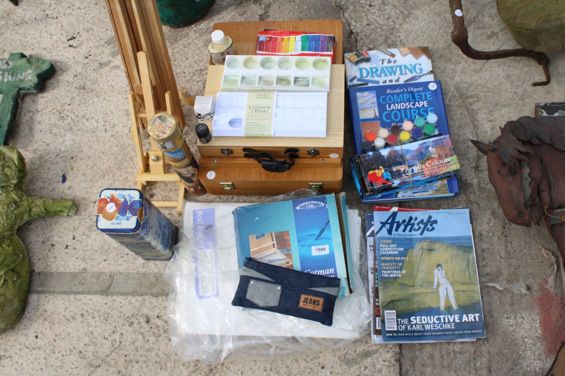 AN ASSORTMENT OF ARTISTS ITEMS TO INCLUDE AN EASEL, PAINTS AND PAPER ETC - Image 2 of 3