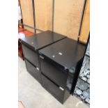 TWO BISLEY FILING CABINETS WITH TWO DRAWERS AND A SMALL OCCASIONAL TABLE