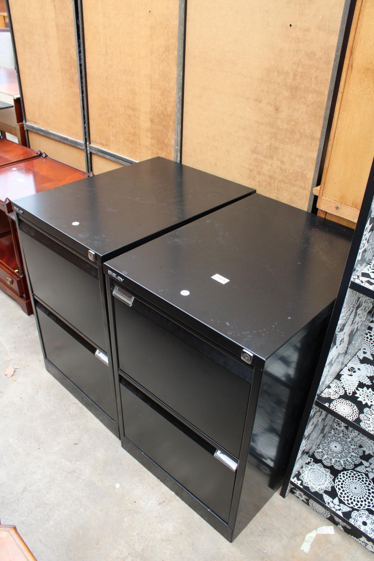 TWO BISLEY FILING CABINETS WITH TWO DRAWERS AND A SMALL OCCASIONAL TABLE