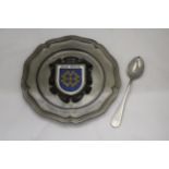 A VINTAGE PEWTER TRAY AND A UNITED STATES NAVY SPOON
