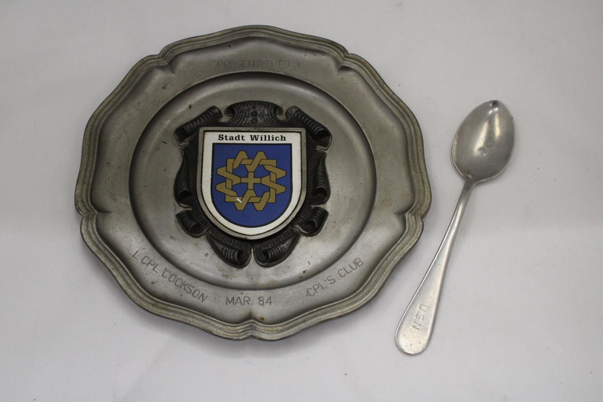 A VINTAGE PEWTER TRAY AND A UNITED STATES NAVY SPOON